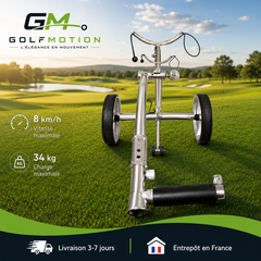 Vue de face du chariot de golf électrique X2R GolfMotion avec double moteur, vitesse maximale de 8 km/h et charge maximale de 34 kg.