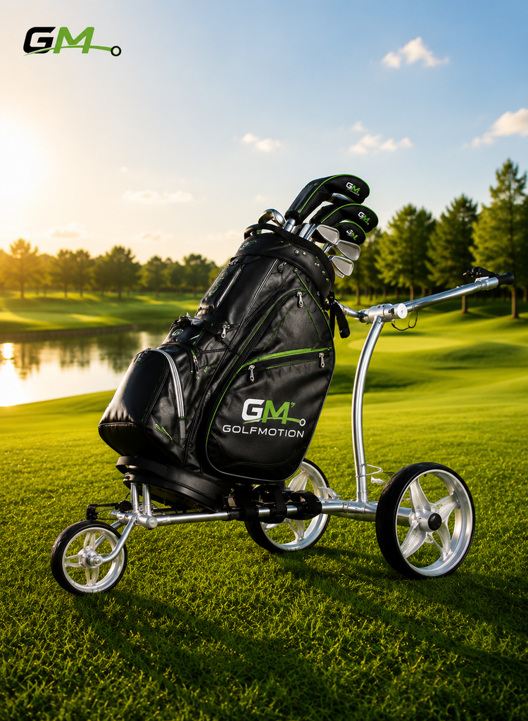 Chariot de golf électrique GolfMotion X2R avec sac premium sur un parcours de golf haut de gamme.