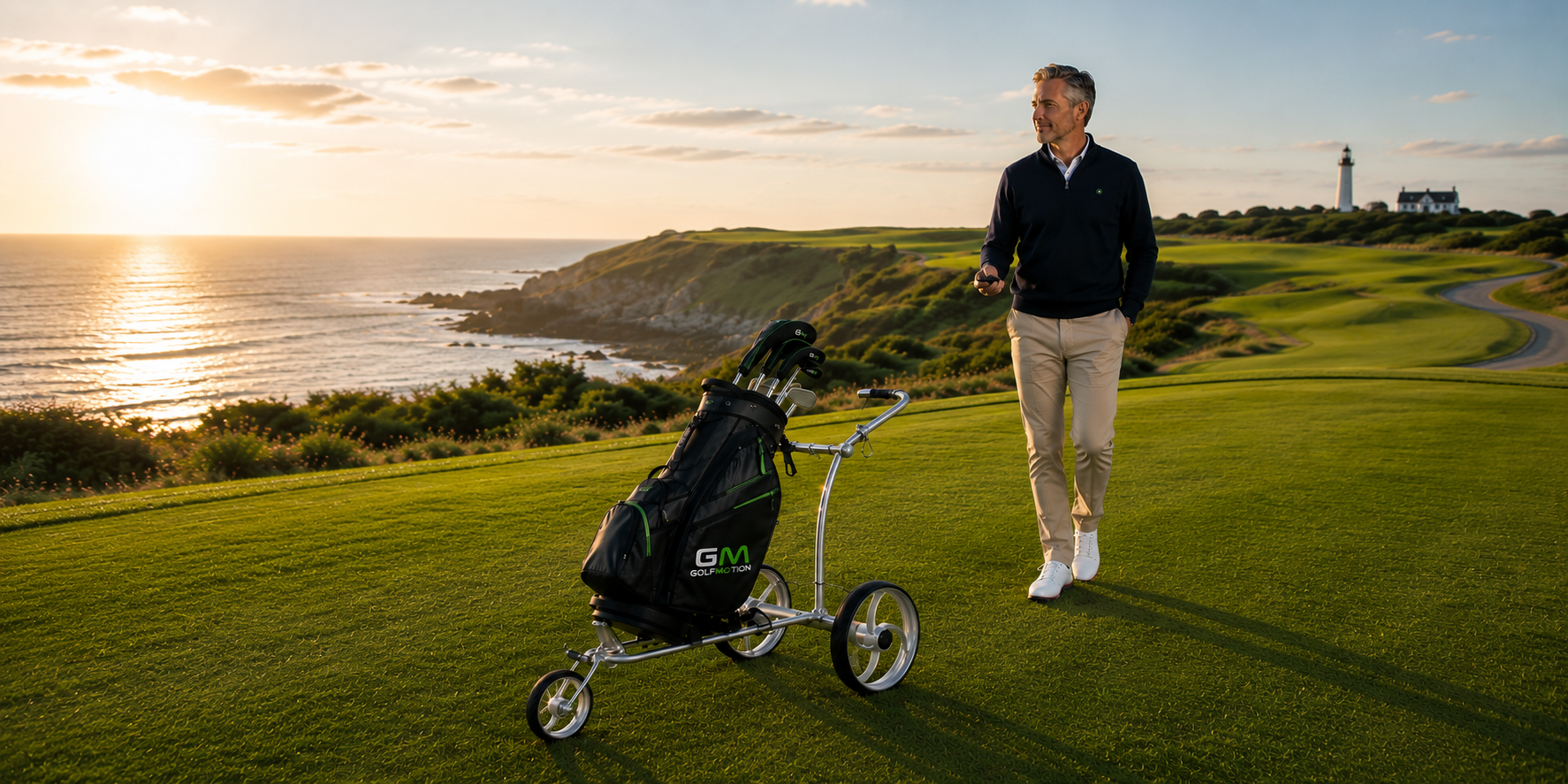 Golfeur utilisant la télécommande du chariot de golf électrique GolfMotion X2R sur un parcours de golf en bord de mer.