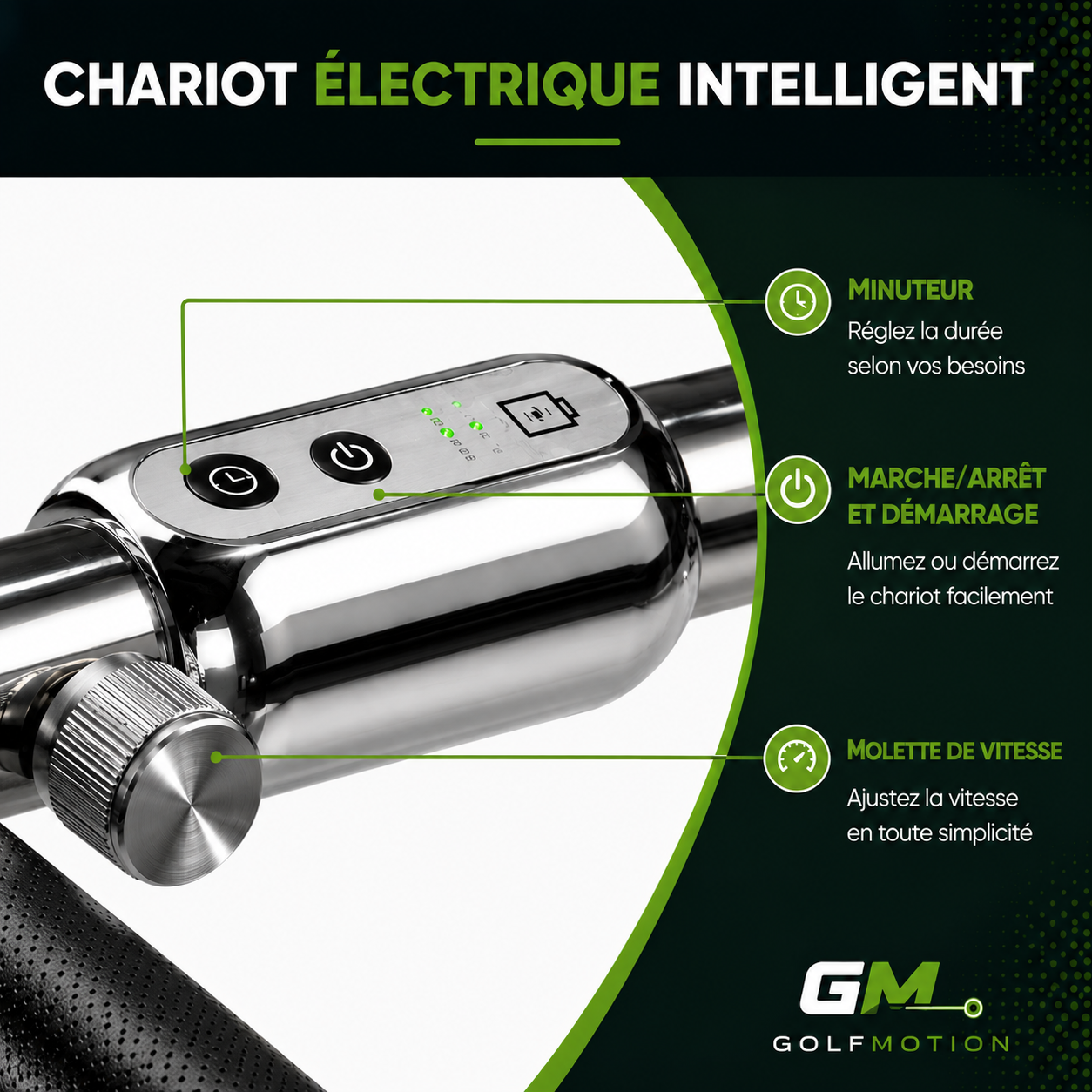 Commande électronique du chariot de golf électrique X2R GolfMotion avec fonction minuteur, démarrage rapide et réglage précis de la vitesse pour un contrôle optimal sur le parcours.