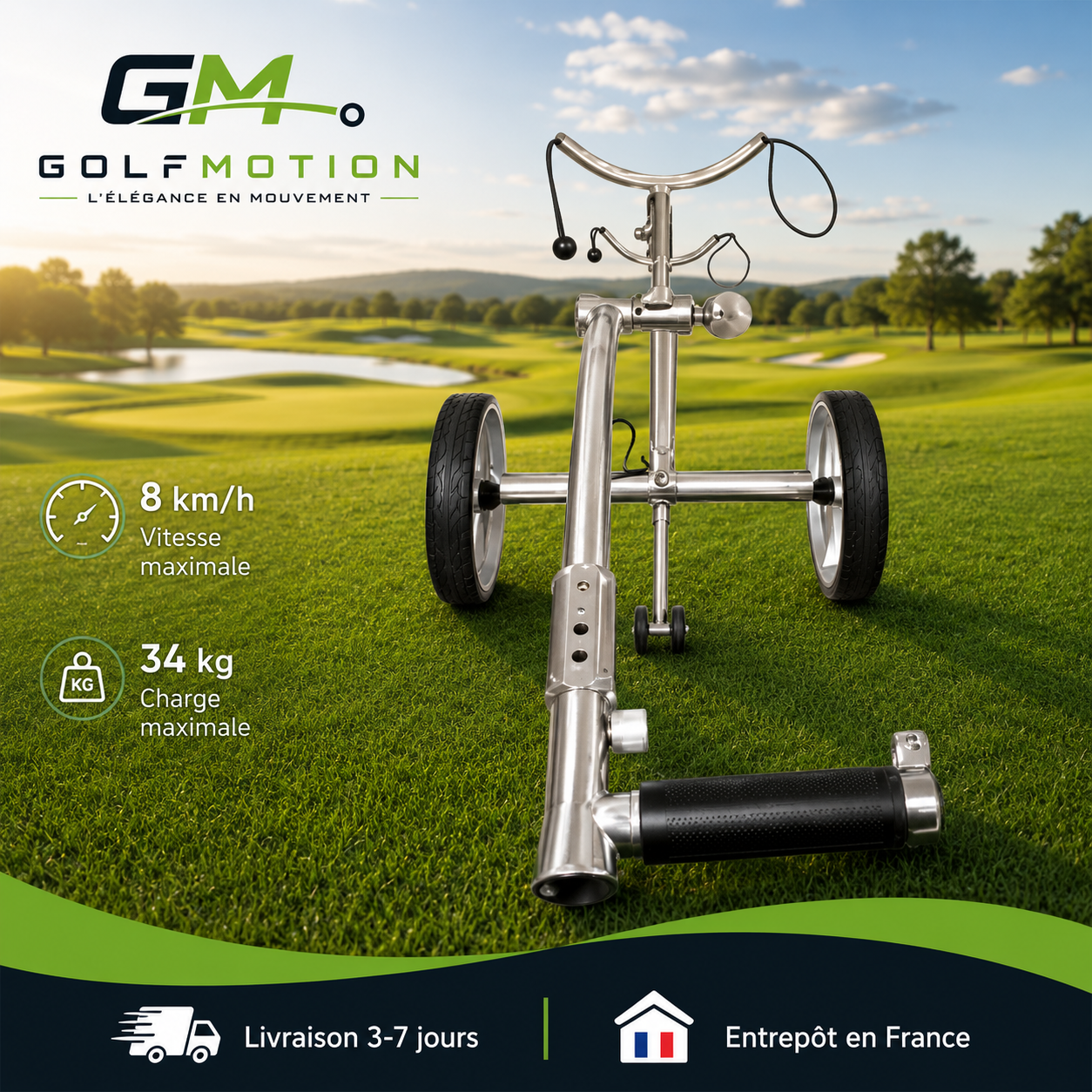 Vue de face du chariot de golf électrique X2R GolfMotion avec double moteur, vitesse maximale de 8 km/h et charge maximale de 34 kg.