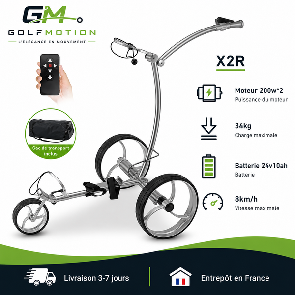 Chariot de golf électrique X2R GolfMotion avec télécommande, double moteur 200W et batterie 24V.