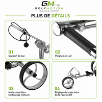 Chariot de golf électrique X2R GolfMotion présentant le support de sac, la poignée ergonomique en cuir, le débrayage moteur et le réglage de la roue avant.