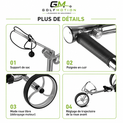 Chariot de golf électrique X2R GolfMotion présentant le support de sac, la poignée ergonomique en cuir, le débrayage moteur et le réglage de la roue avant.
