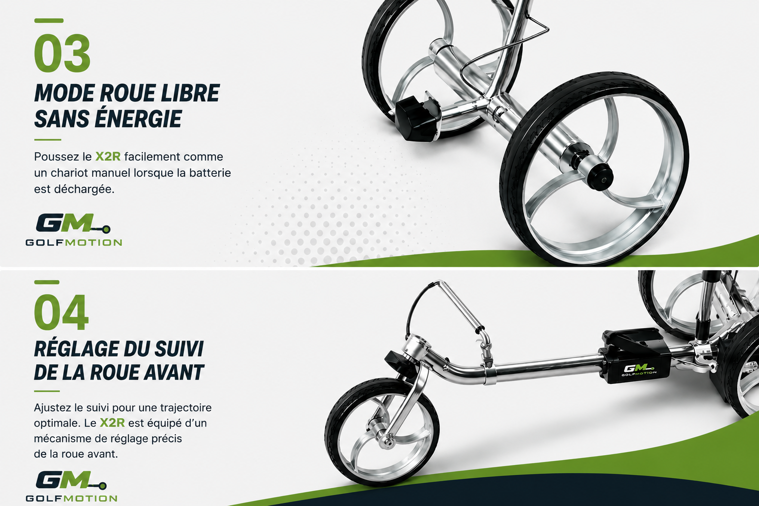 Détails techniques du chariot de golf électrique X2R GolfMotion avec débrayage moteur en mode roue libre et réglage de la roue avant pour un meilleur suivi sur le parcours.