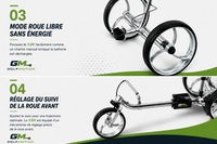 Détails techniques du chariot de golf électrique X2R GolfMotion avec débrayage moteur en mode roue libre et réglage de la roue avant pour un meilleur suivi sur le parcours.