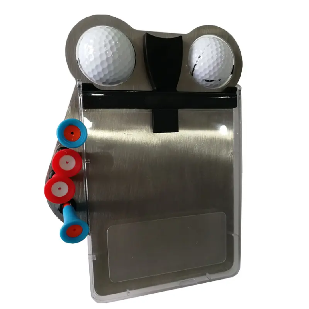 Porte-carte de score inox GolfMotion avec 2 balles et 4 tees en place