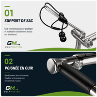 Support de sac sécurisé et poignée en cuir du chariot de golf électrique GolfMotion X2R, conçus pour améliorer le confort et la stabilité du matériel sur tous les parcours.
